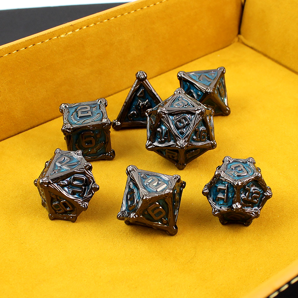 Kości RPG metalowe smoki gunmetal niebieskie DnD pudełko