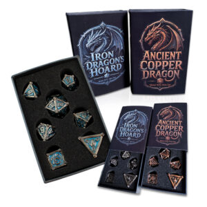 Kości RPG metalowe smoki gunmetal niebieskie DnD pudełko