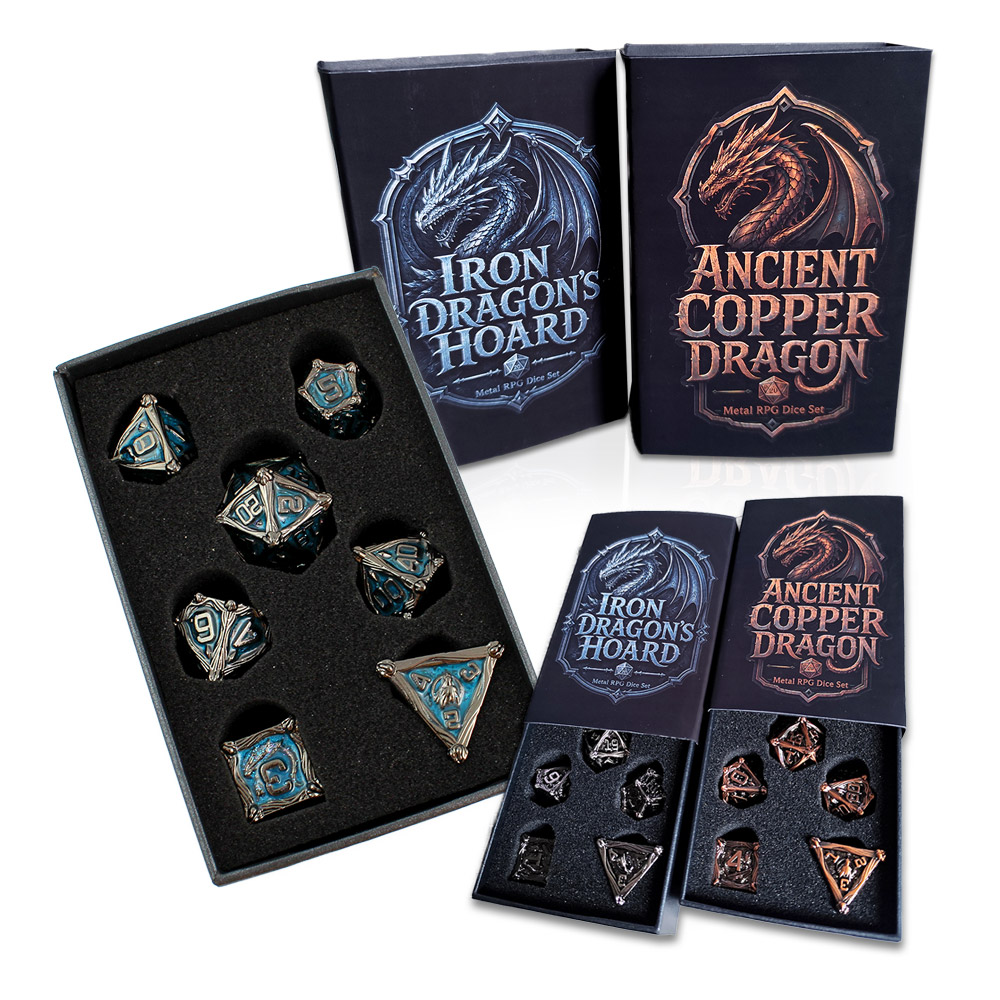 Kości RPG metalowe smoki gunmetal niebieskie DnD pudełko
