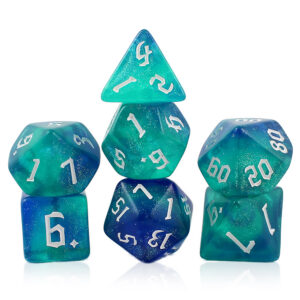 Kości RPG akrylowe turkusowe niebieskie brokatowe DnD woreczek