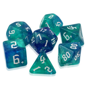 Kości RPG akrylowe turkusowe niebieskie brokatowe DnD woreczek