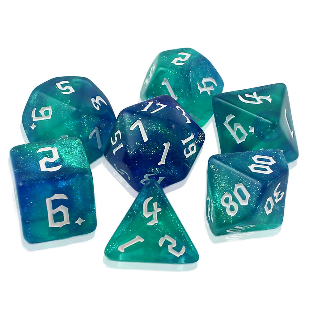 Kości RPG akrylowe turkusowe niebieskie brokatowe DnD woreczek