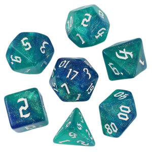 Kości RPG akrylowe turkusowe niebieskie brokatowe DnD woreczek