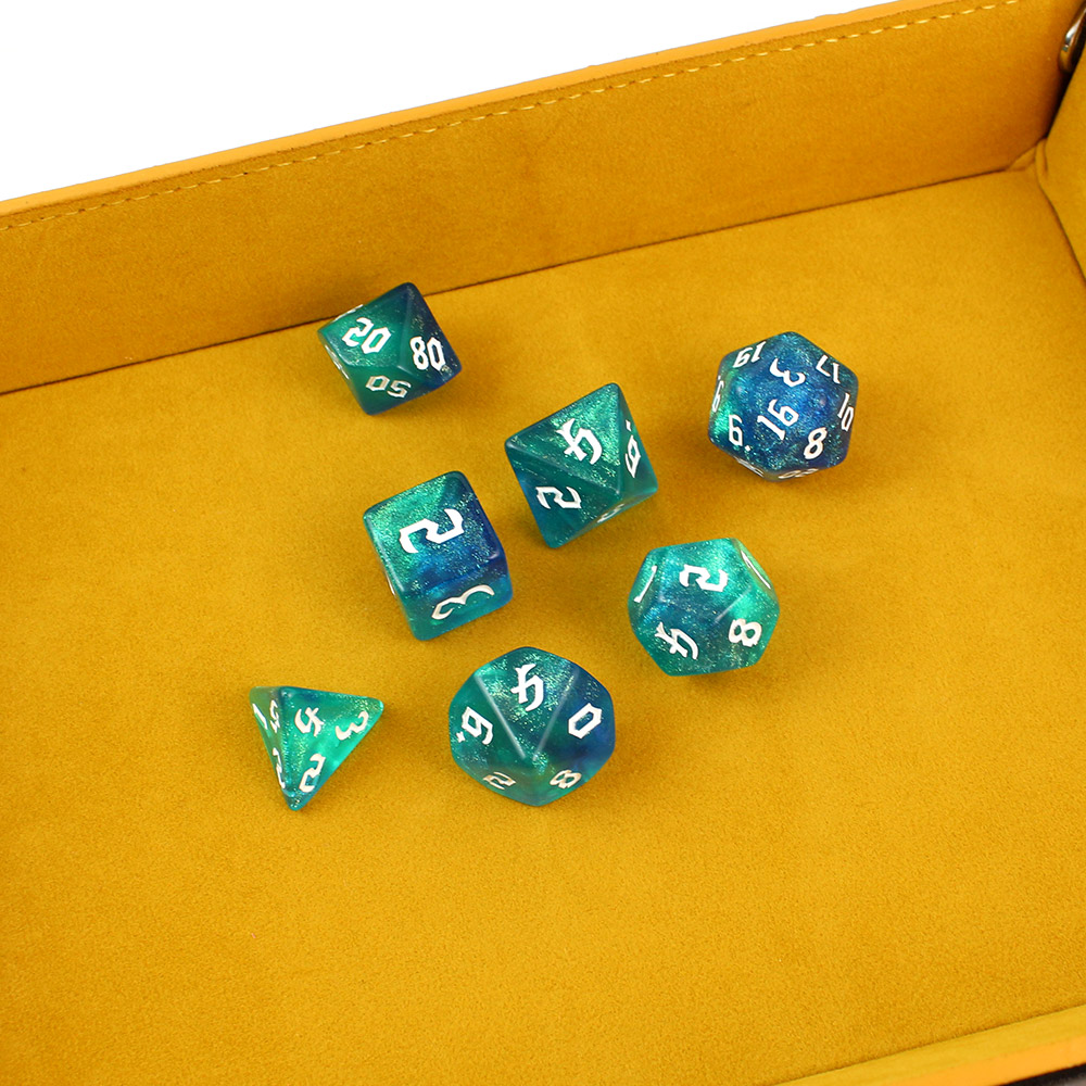 Kości RPG akrylowe turkusowe niebieskie brokatowe DnD woreczek