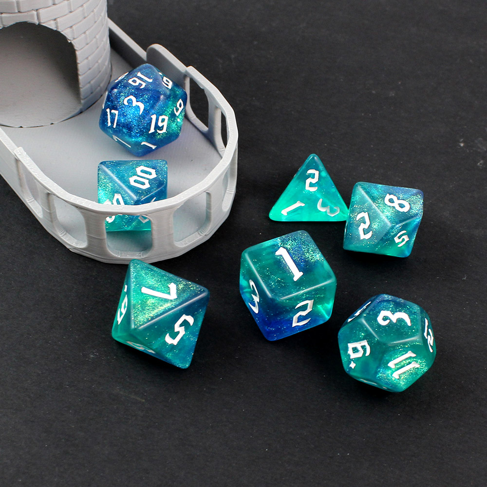 Kości RPG akrylowe turkusowe niebieskie brokatowe DnD woreczek