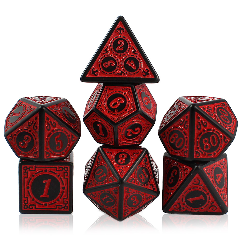 Kości RPG akrylowe czarne czerwone ornamenty DnD woreczek