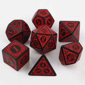 Kości RPG akrylowe czarne czerwone ornamenty DnD woreczek
