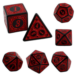 Kości RPG akrylowe czarne czerwone ornamenty DnD woreczek