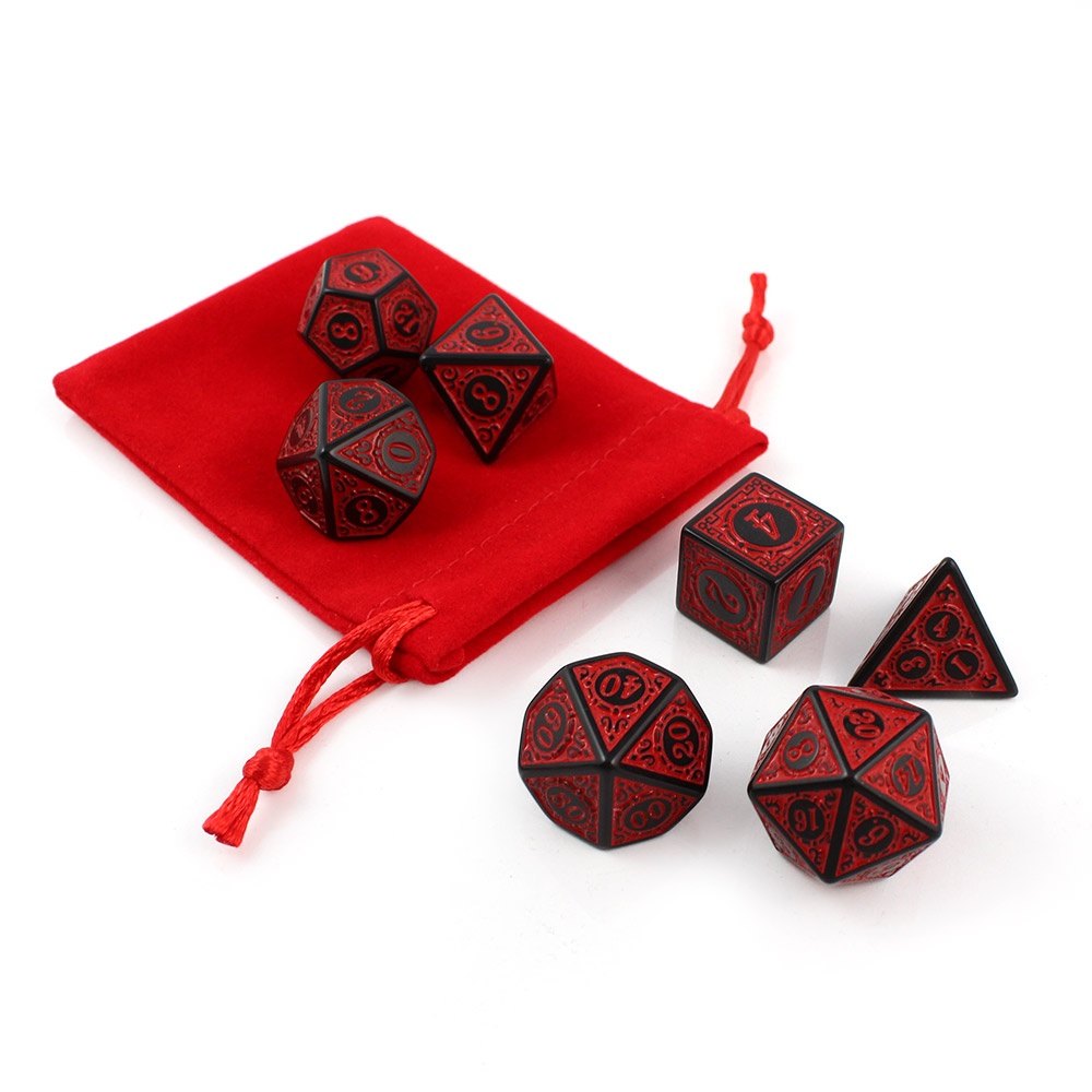 Kości RPG akrylowe czarne czerwone ornamenty DnD woreczek