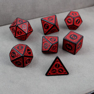 Kości RPG akrylowe czarne czerwone ornamenty DnD woreczek
