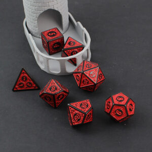 Kości RPG akrylowe czarne czerwone ornamenty DnD woreczek