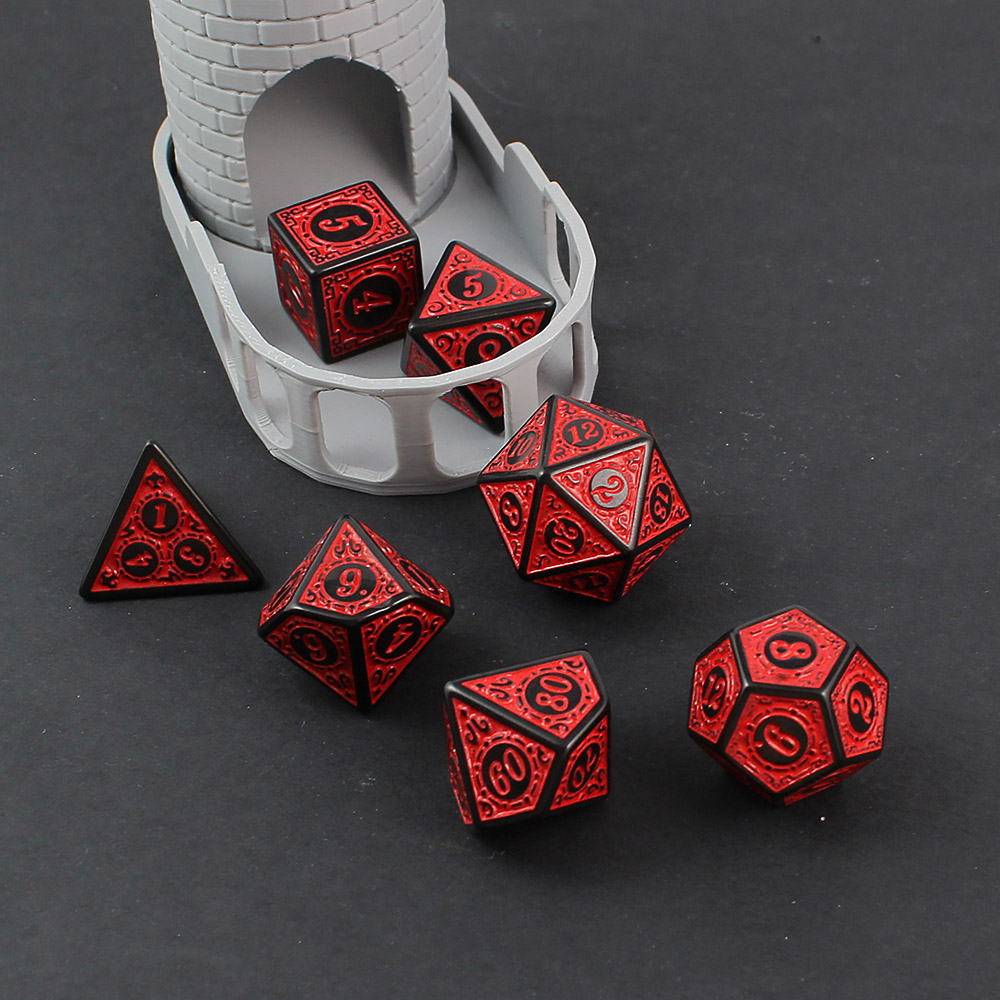 Kości RPG akrylowe czarne czerwone ornamenty DnD woreczek