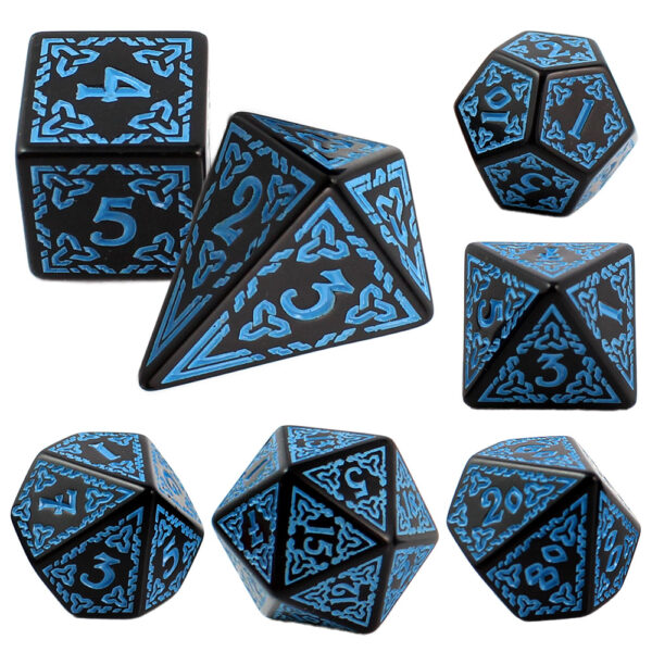 Kości RPG akrylowe czarne niebieskie celtyckie K4 DnD woreczek