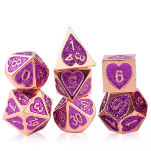 Kości RPG metalowe rose gold różowe serca brokatowe DnD pudełko