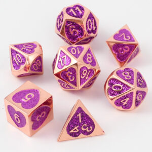 Kości RPG metalowe rose gold różowe serca brokatowe DnD pudełko
