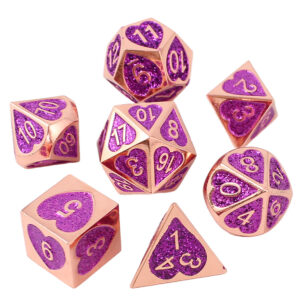 Kości RPG metalowe rose gold różowe serca brokatowe DnD pudełko