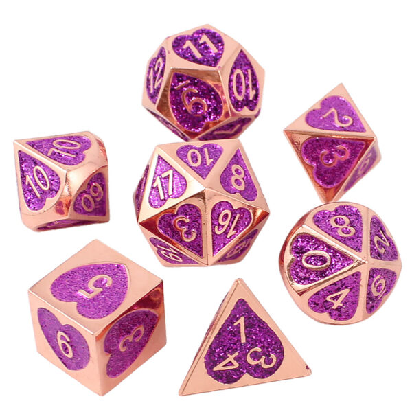 Kości RPG metalowe rose gold różowe serca brokatowe DnD pudełko