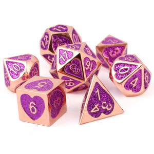 Kości RPG metalowe rose gold różowe serca brokatowe DnD pudełko