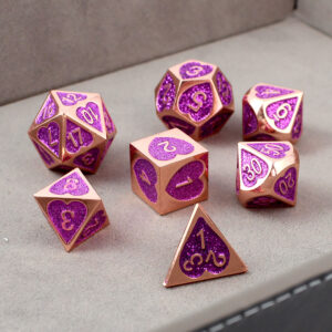 Kości RPG metalowe rose gold różowe serca brokatowe DnD pudełko