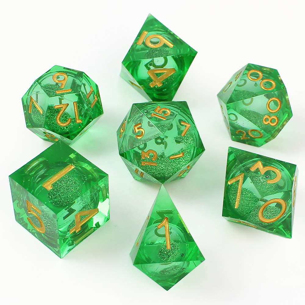Kości RPG żywiczne zielone złote Liquid Core zestaw DnD pudełko