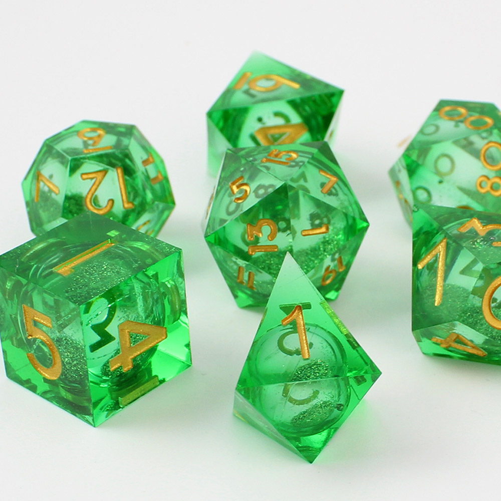 Kości RPG żywiczne zielone złote Liquid Core zestaw DnD pudełko