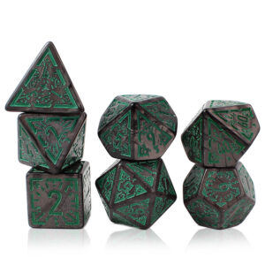 Kości RPG akrylowe grafitowe zielone ornamenty DnD woreczek