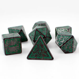 Kości RPG akrylowe grafitowe zielone ornamenty DnD woreczek