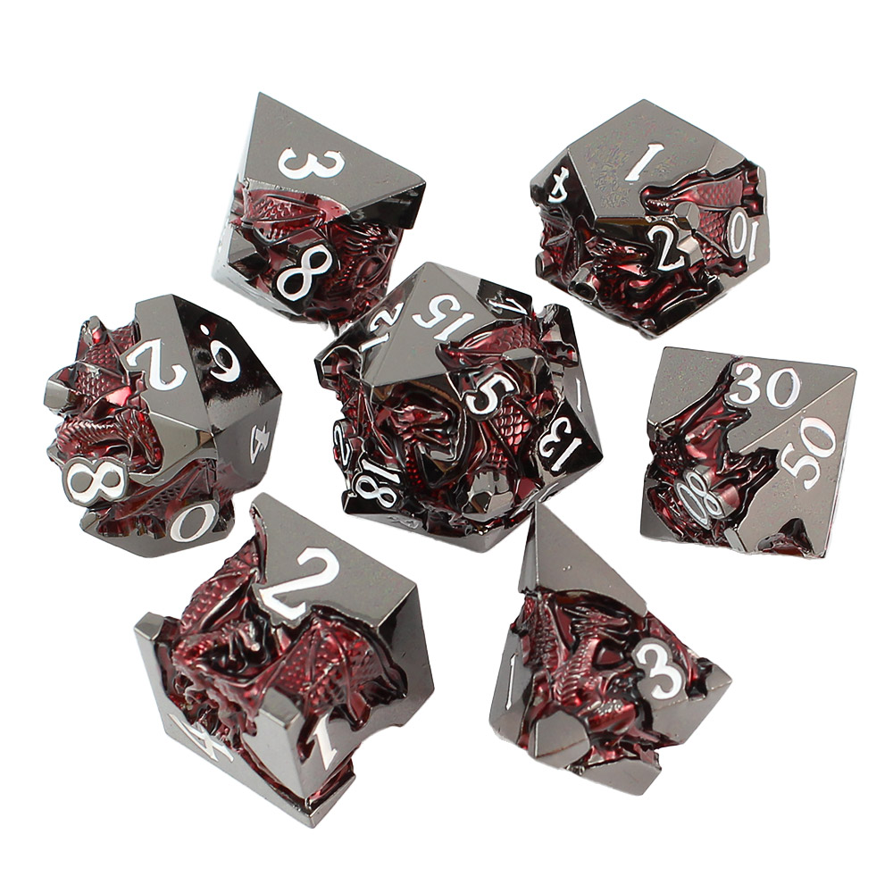Kości RPG metalowe smoki czarno-czerwone DnD