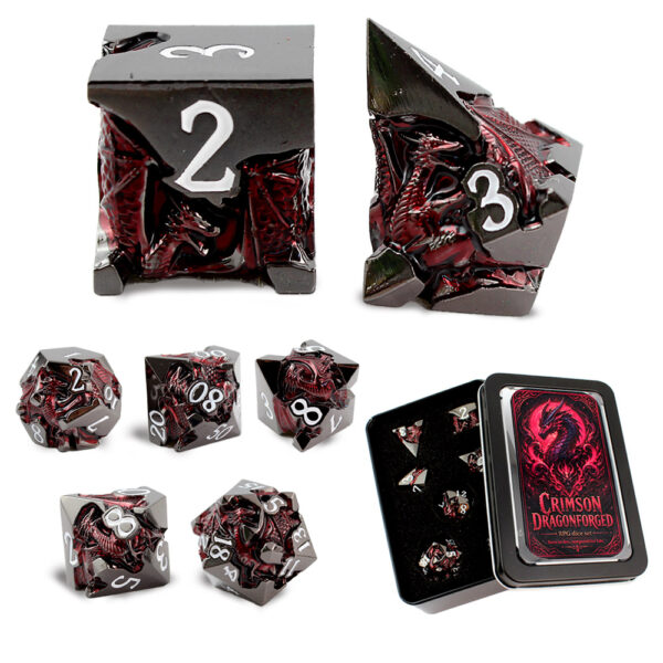 Kości RPG metalowe smoki czarno-czerwone DnD