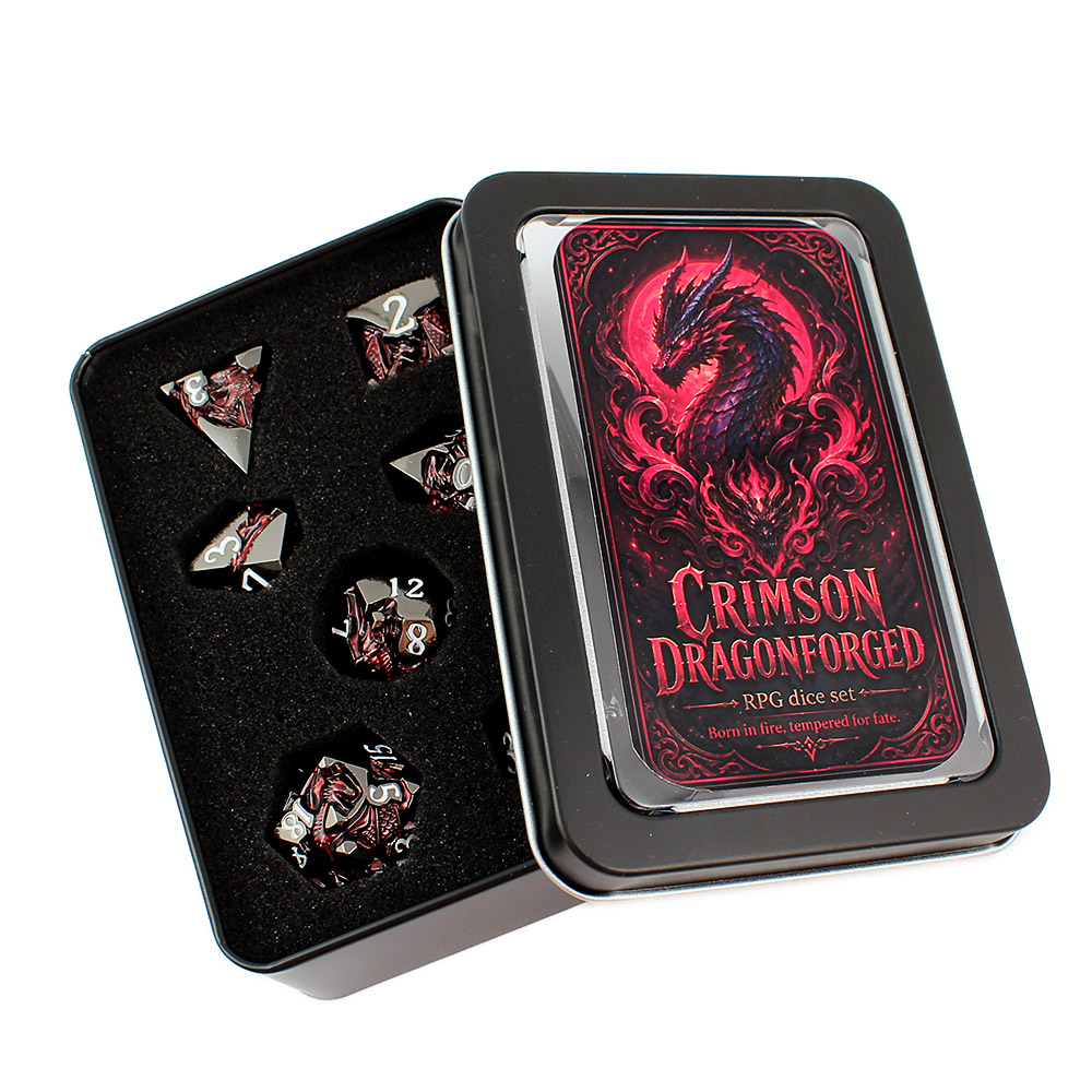 Kości RPG metalowe smoki czarno-czerwone DnD