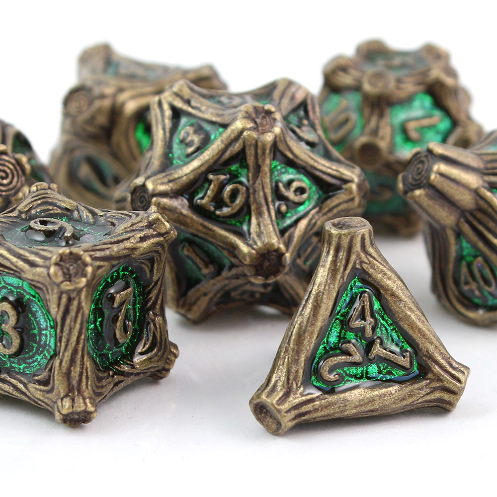 Kości RPG metalowe zielone brązowe druid DnD Warhammer pudełko