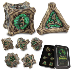 Kości RPG metalowe zielone brązowe druid DnD Warhammer pudełko
