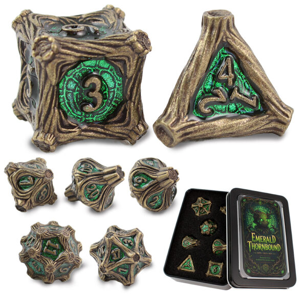 Kości RPG metalowe zielone brązowe druid DnD Warhammer pudełko