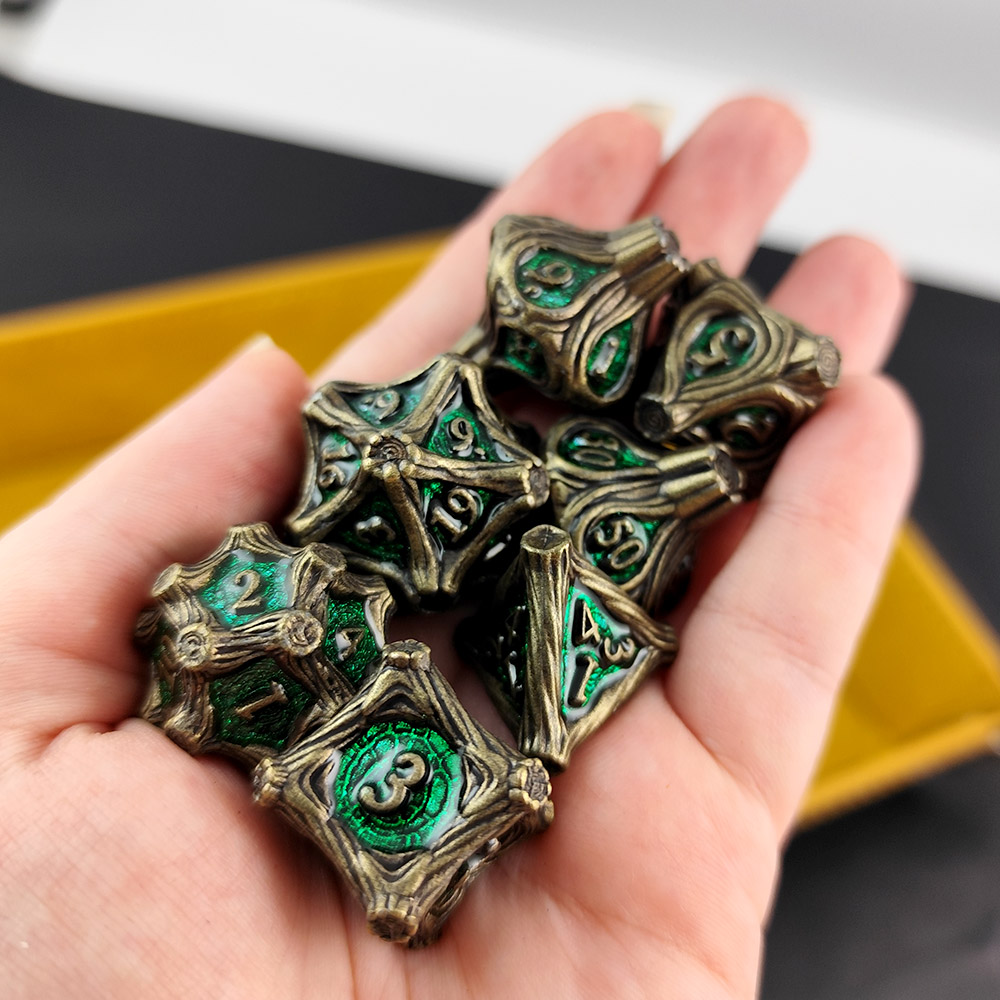 Kości RPG metalowe zielone brązowe druid DnD Warhammer pudełko