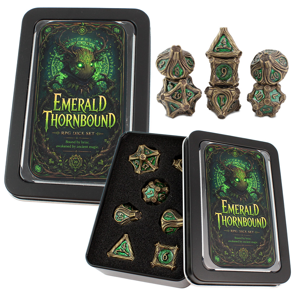Kości RPG metalowe zielone brązowe druid DnD Warhammer pudełko