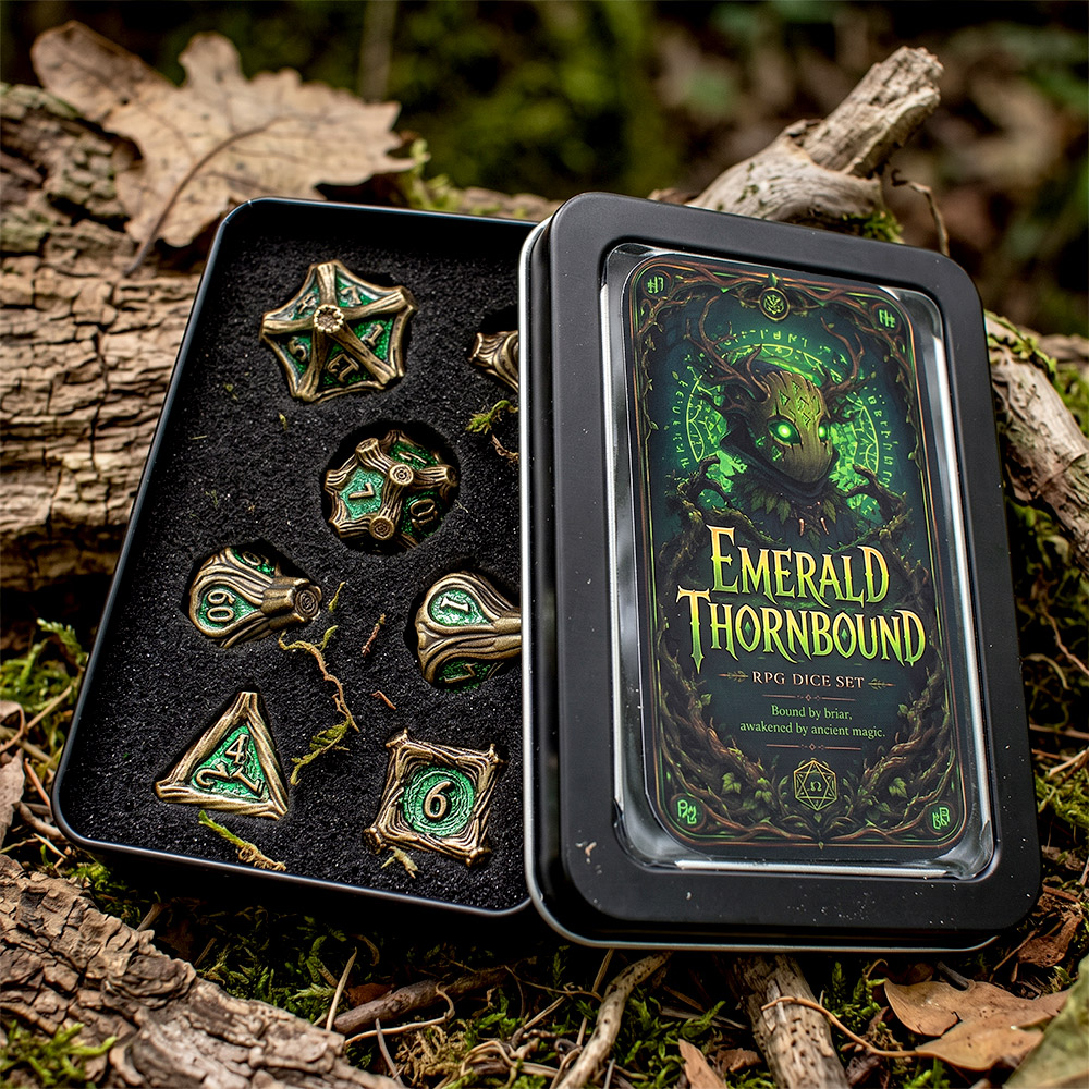 Kości RPG metalowe zielone brązowe druid DnD Warhammer pudełko