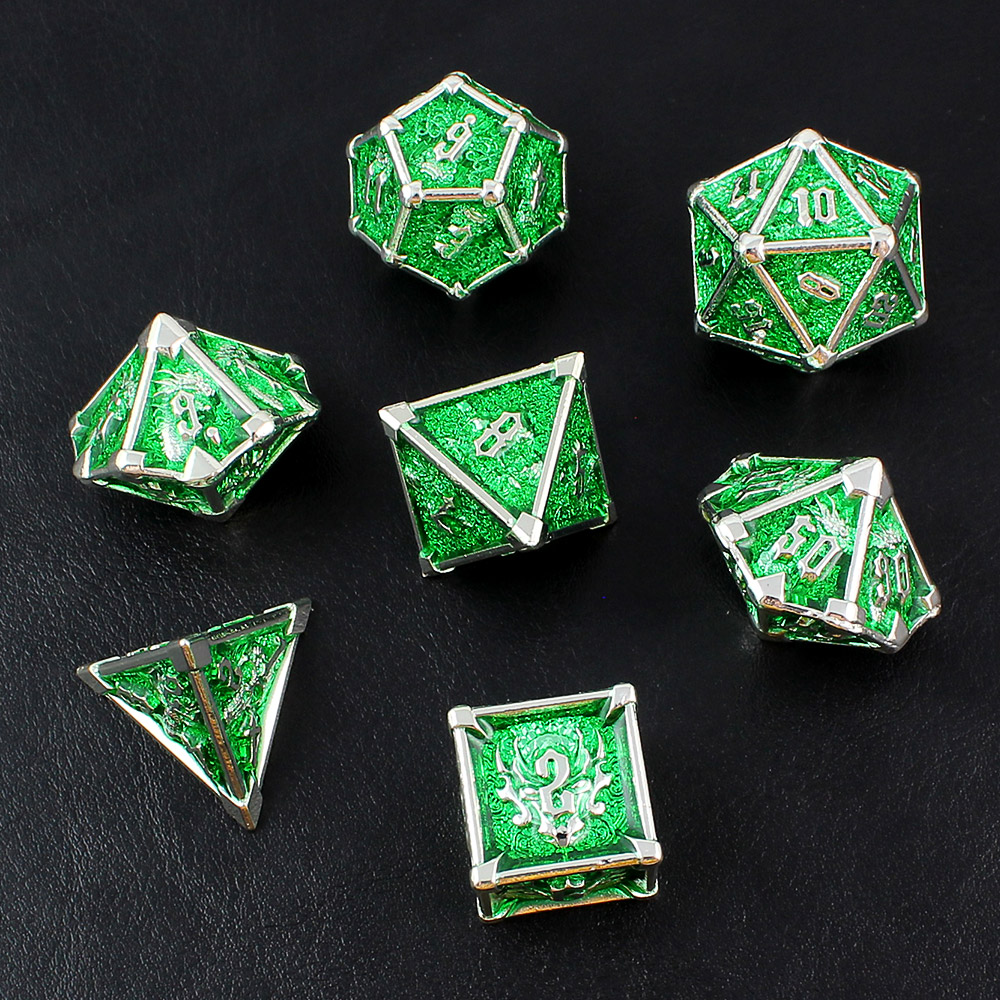 Kości RPG metalowe czaszki ciężkie zielone DnD Warhammer pudełko