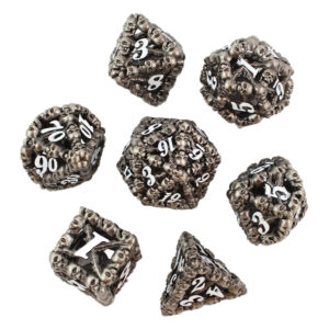 Kości RPG metalowe czaszki gunmetal ażurowe DnD pudełko