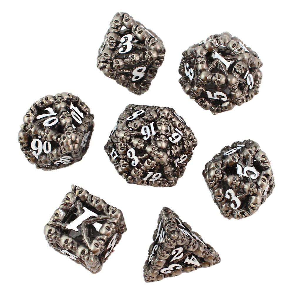 Kości RPG metalowe czaszki gunmetal ażurowe DnD pudełko