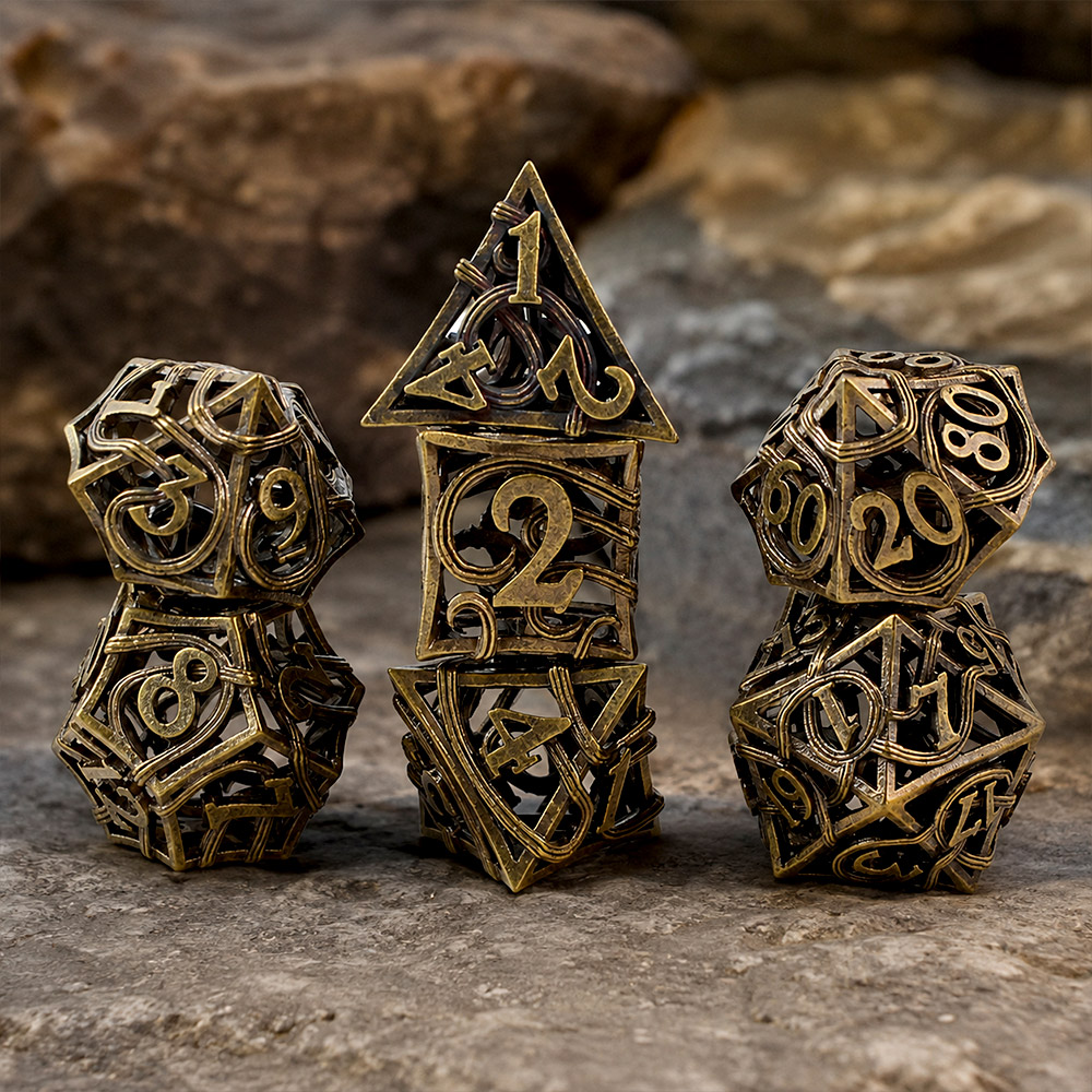 Kości RPG metalowe ażurowe brązowe pnącza DnD pudełko
