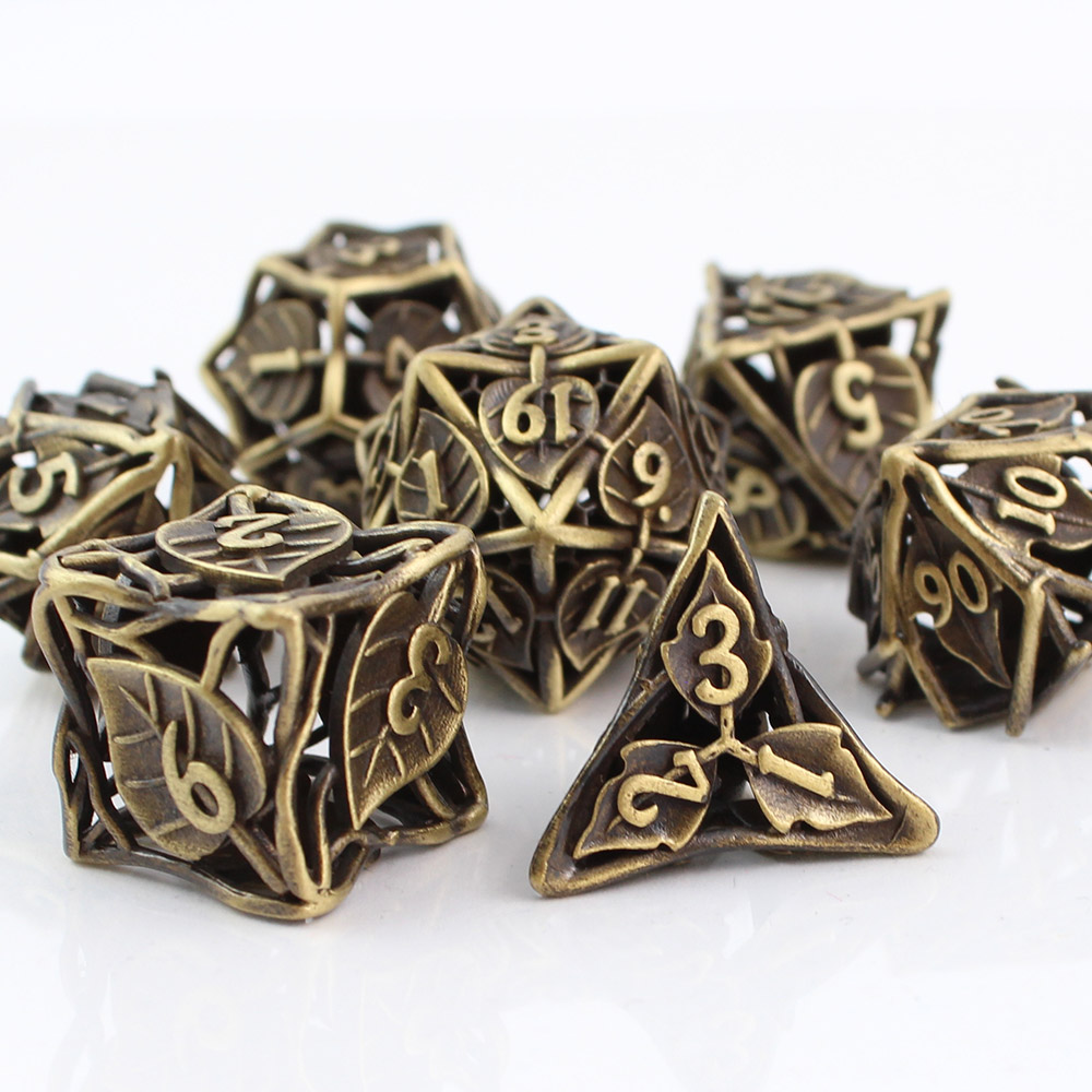 Kości RPG metalowe ażurowe liście zestaw 7 szt DnD pudełko