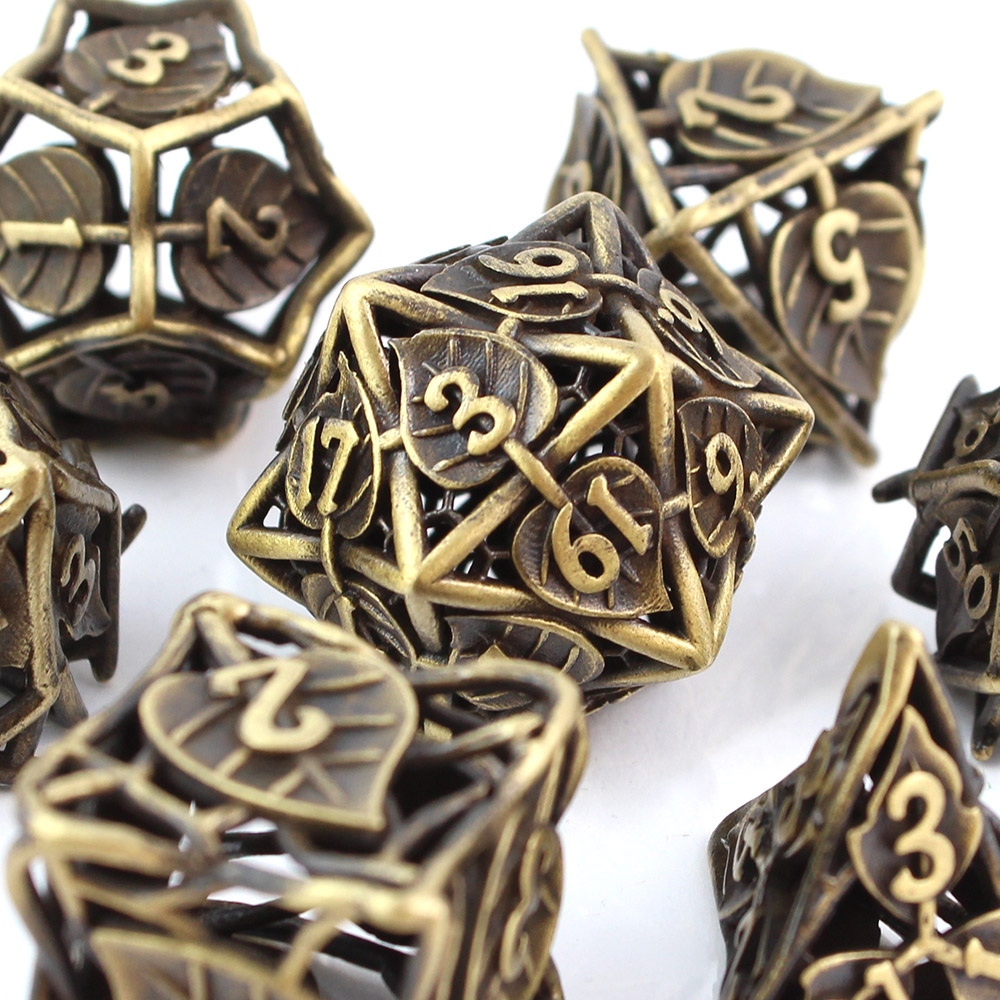 Kości RPG metalowe ażurowe liście zestaw 7 szt DnD pudełko