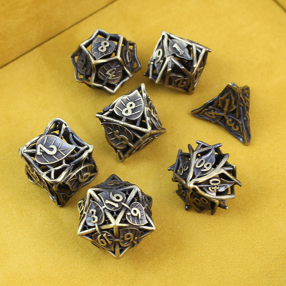 Kości RPG metalowe ażurowe liście zestaw 7 szt DnD pudełko