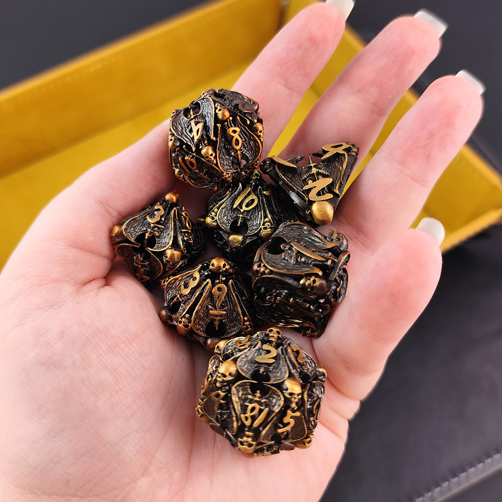 Kości RPG metalowe anioł czaszki zestaw 7 szt miedź DnD pudełko