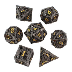 Kości RPG metalowe smoki czarne DnD zestaw pudełko prezent wielościenne