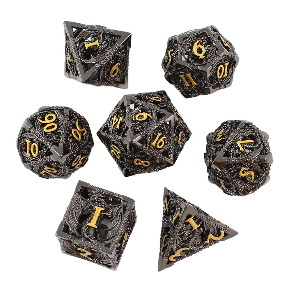Kości RPG metalowe smoki czarne DnD zestaw pudełko prezent wielościenne