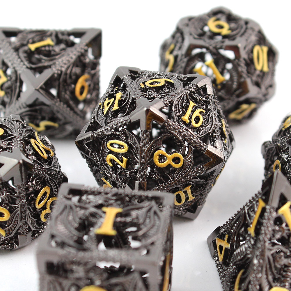 Kości RPG metalowe smoki czarne DnD zestaw pudełko prezent wielościenne