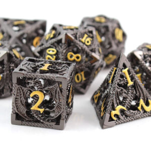 Kości RPG metalowe smoki czarne DnD zestaw pudełko prezent wielościenne