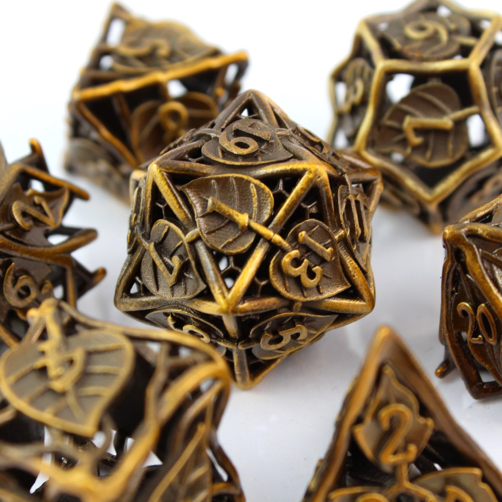 Kości RPG metalowe ażurowe listki DnD pudełko prezent dla gracza
