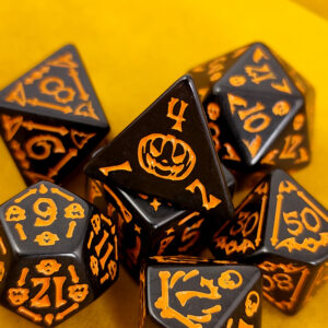 Kości RPG akrylowe Halloween dynie czaszki D&D zestaw 7 szt.